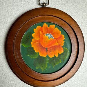 Vintage Original Painting " Poppy" Round Wooden Frame 8.25" dia